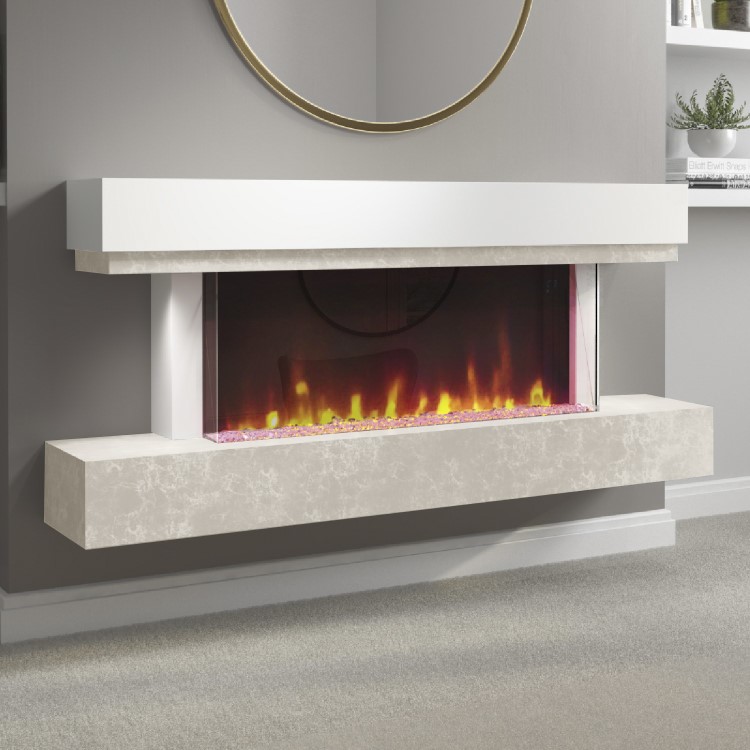 GRADE A3 - White and Beige Concrete Effect Wall Mounted Alexa Electric Fireplace - Amberglo