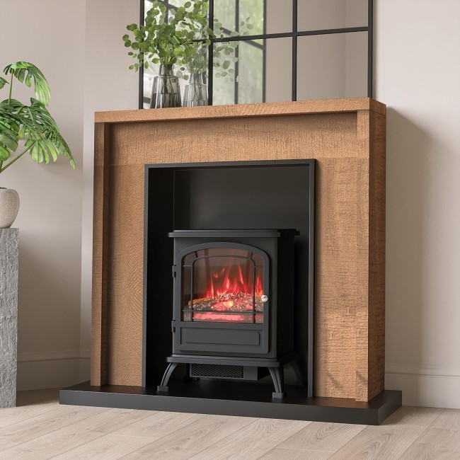 Oak Effect and Black Electric Fireplace Suite with Black Electric Log  Burner - Amberglo AGL042 | Appliances Direct