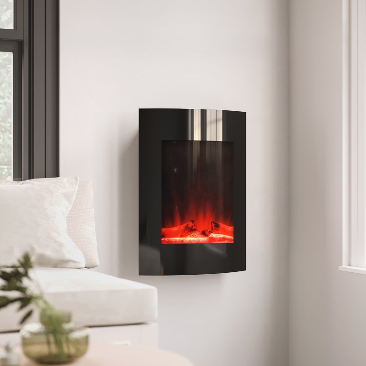 GRADE A2 - Black Wall Mounted Curved Vertical Electric Firelplace Media Wall with LED Lights 20 inch - AmberGlo