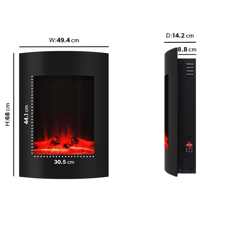 GRADE A2 - Black Wall Mounted Curved Vertical Electric Firelplace Media Wall with LED Lights 20 inch - AmberGlo