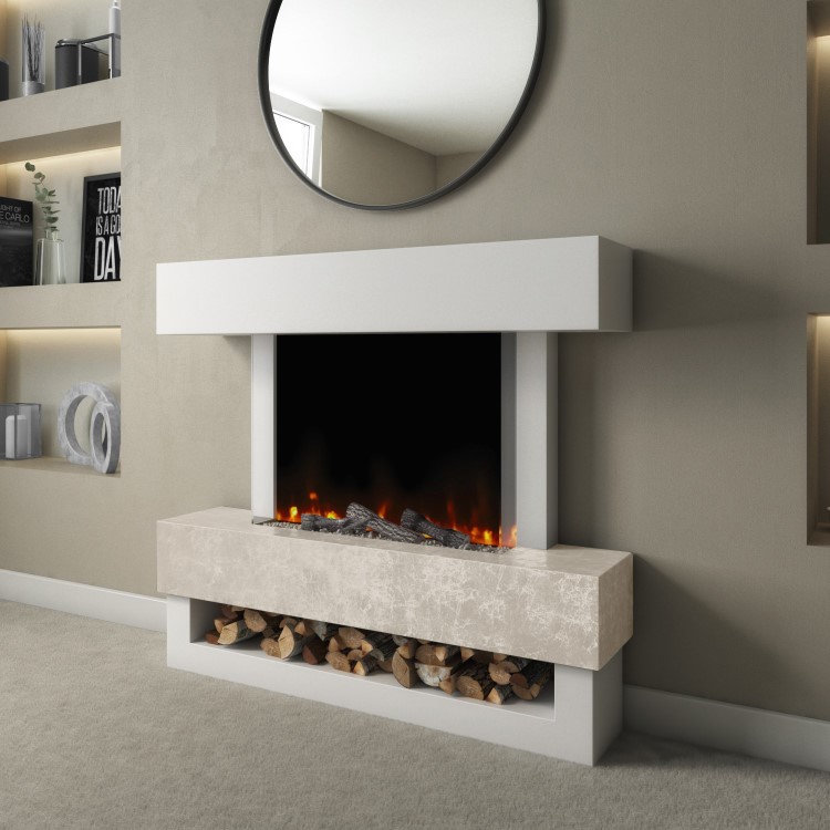 GRADE A2 - White & Beige Concrete Effect Freestanding Smart Electric Fireplace - AmberGlo