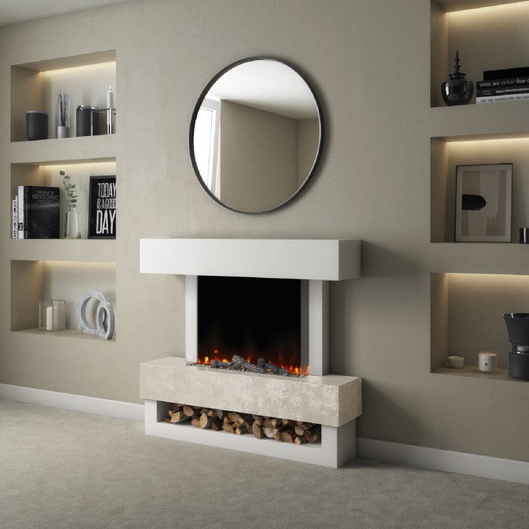 GRADE A2 - White & Beige Concrete Effect Freestanding Smart Electric Fireplace - AmberGlo