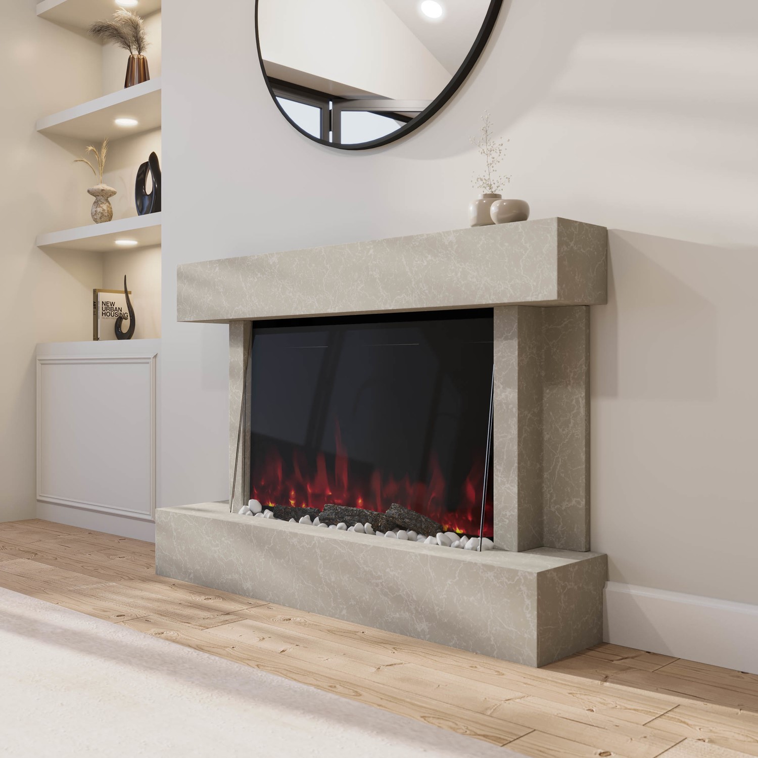 Amberglo Freestanding Stone Effect Tall 44 Inch Electric Fire With Logs And Pebbles AGL061