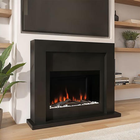 Black Free Standing Electric Fireplace Suite With Customisable Exposed Fuel Bed Amberglo