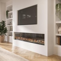 ALMOST PERFECT - Black Inset Media Wall Electric Fireplace with Glass Configurated Front and Sides 70 Inch - Amberglo ALMOST PERFECT - Black Inset Media Wall Electric Fireplace with Glass Configurated Front and Sides 70 Inch - Amberglo