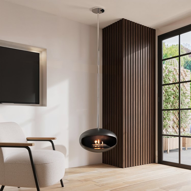 Oval Ceiling Hanging Bioethanol Fire in Matte Black - AmberGlo