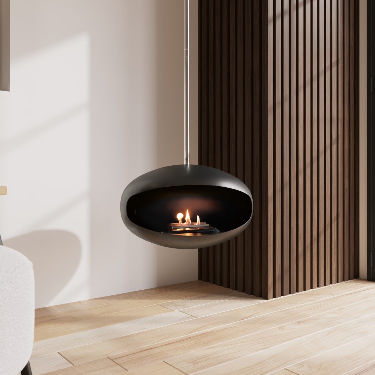 Oval Ceiling Hanging Bioethanol Fire in Matte Black - AmberGlo 