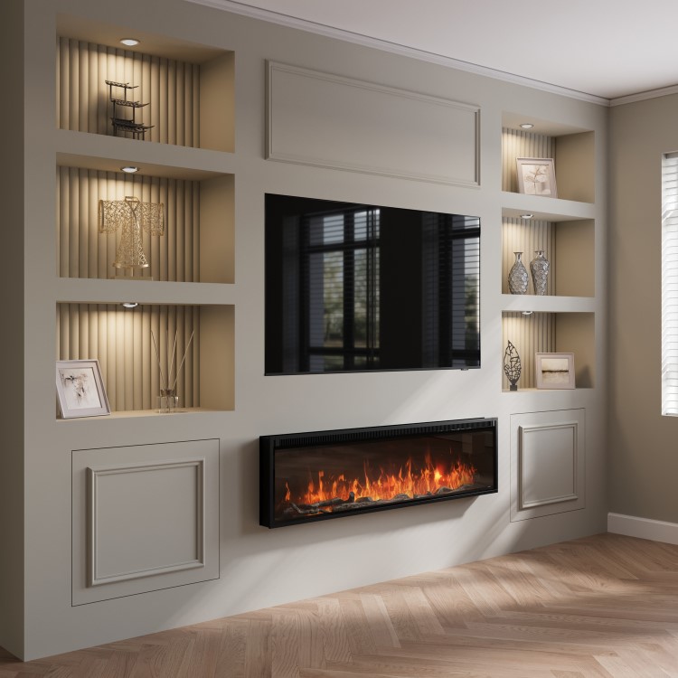Black Slimline Inset Electric Media Wall Smart Fire Place - 60 Inch - AmberGlo