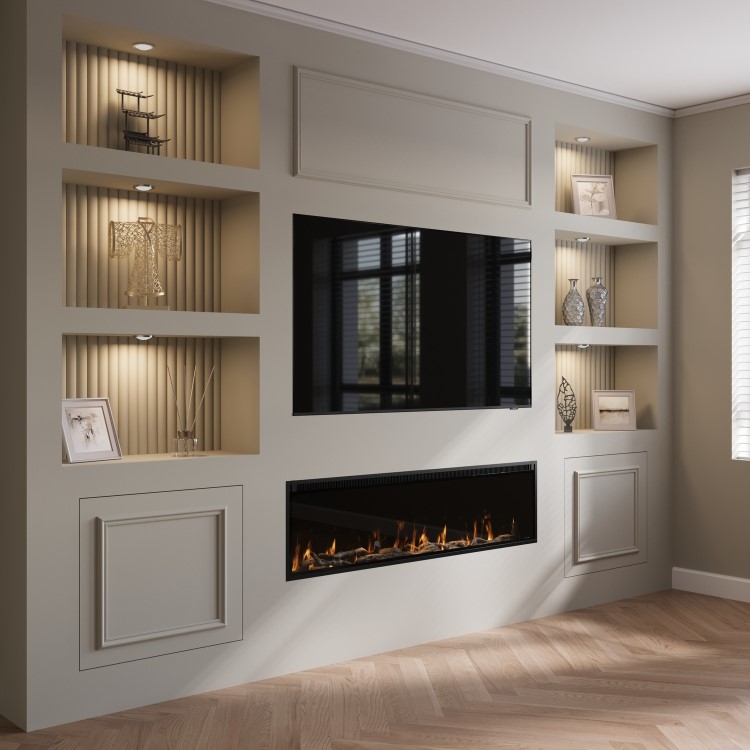 Black Slimline Inset Electric Media Wall Smart Fire - 60 Inch - AmberGlo