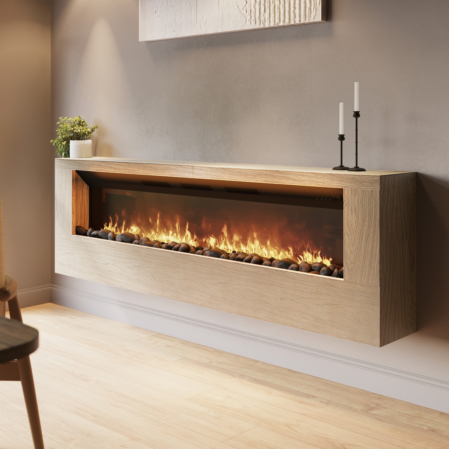 Amberglo Wall-Mounted Electric Fire With Oak Surround 70 Inch AGL083