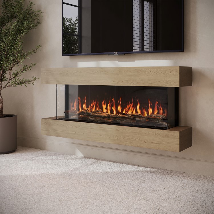 Oak Media Wall 3-Sided Electric Fireplace with Logs - 55 inch - AmberGlo