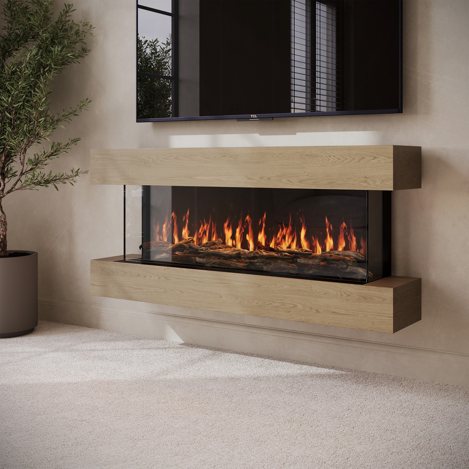 Brown Oak Wall-Mounted 3-Sided Electric Fireplace With Logs - 55 Inch - Amberglo - Image 2