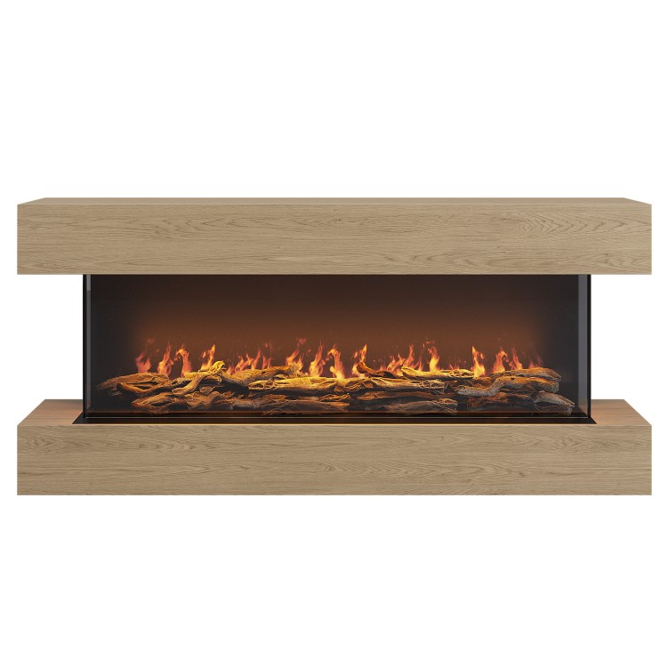 Oak Media Wall 3-Sided Electric Fireplace with Logs - 55 inch - AmberGlo