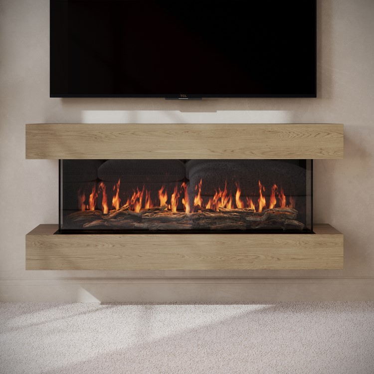 Oak Media Wall 3-Sided Electric Fireplace with Logs - 55 inch - AmberGlo