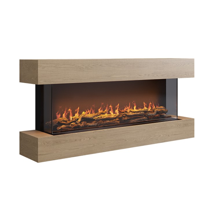 Oak Media Wall 3-Sided Electric Fireplace with Logs - 55 inch - AmberGlo