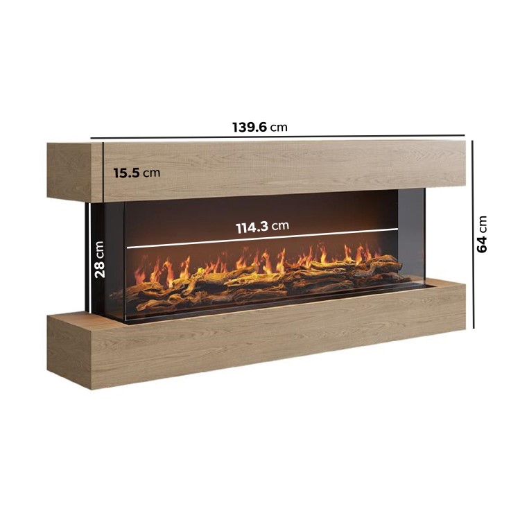 Oak Media Wall 3-Sided Electric Fireplace with Logs - 55 inch - AmberGlo