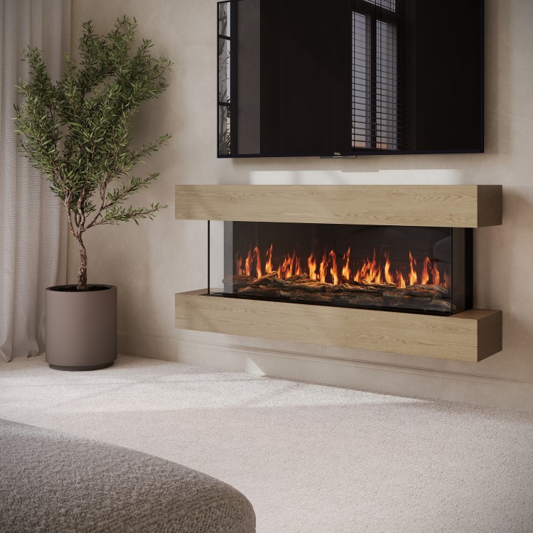 Oak Media Wall 3-Sided Electric Fireplace with Logs - 55 inch - AmberGlo
