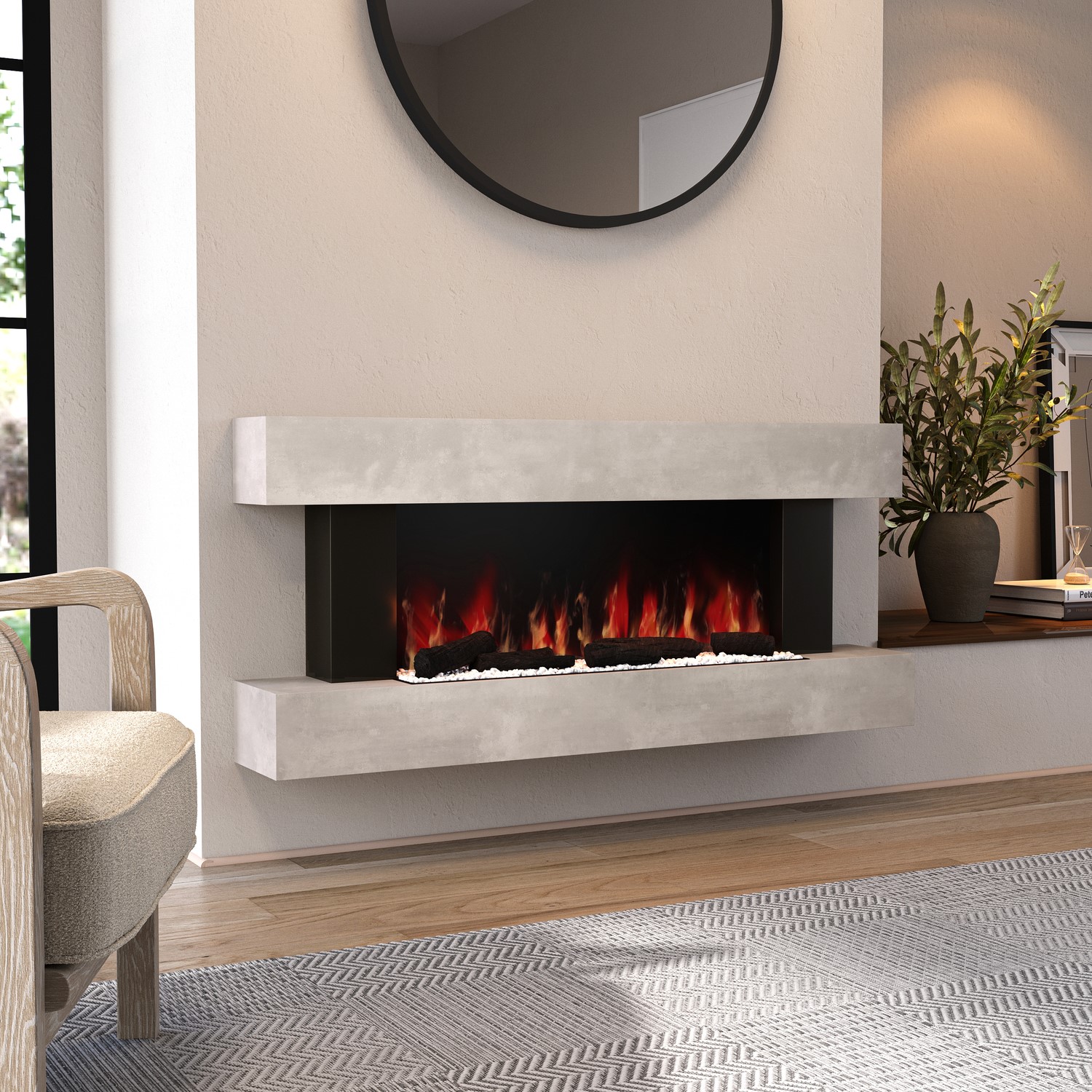 Beige Stone-Effect Wall-Mounted Electric Smart Fire Place With Surround - 52 Inch - Amberglo - Image 2