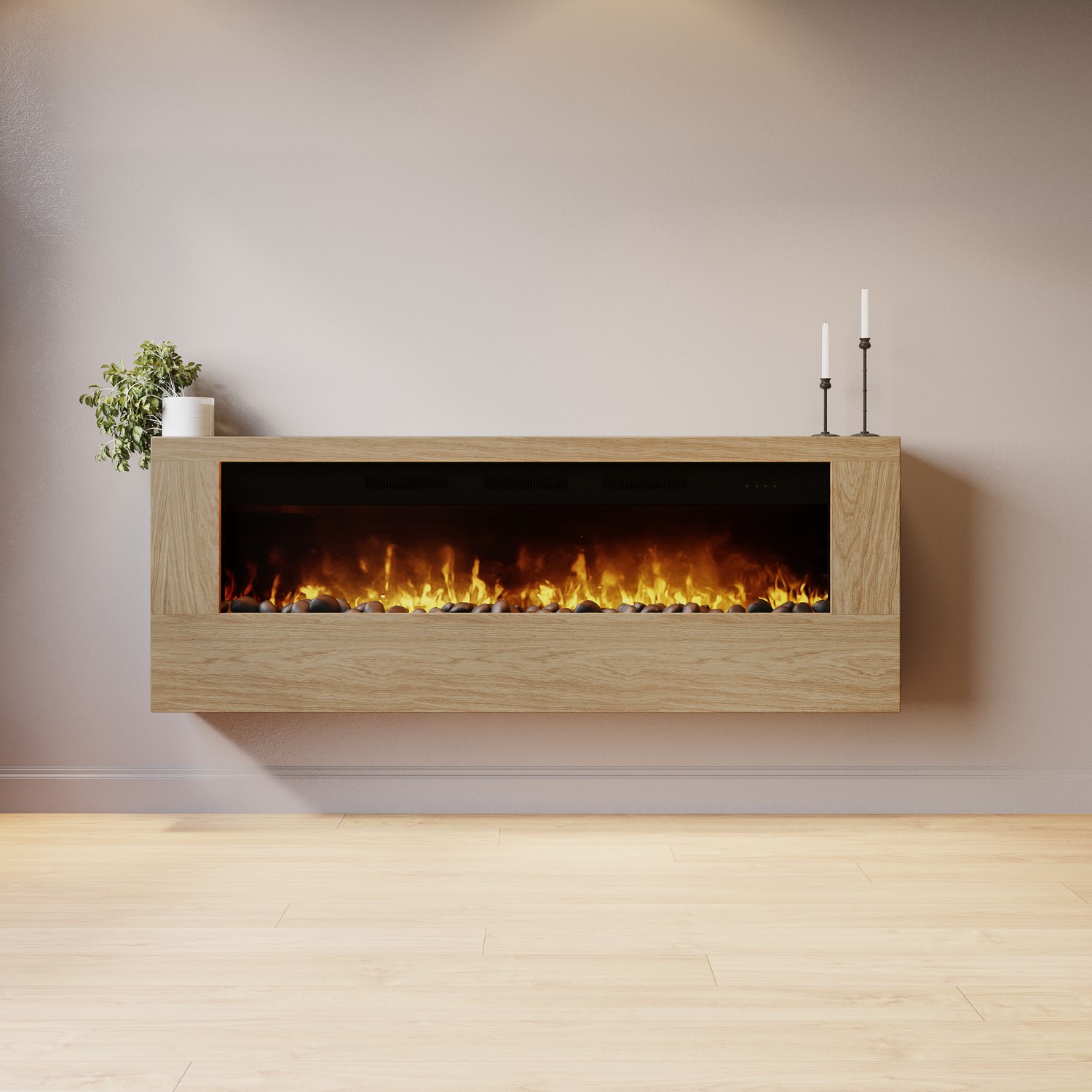 Brown Wall-Mounted Electric Fire With Oak Surround - 60 Inch - Amberglo - Image 2