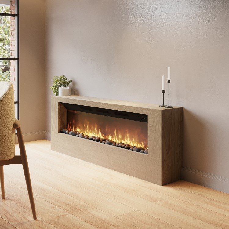 Wall-Mounted Electric Fire with Oak Surround and Remote Control - 60 Inch - AmberGlo