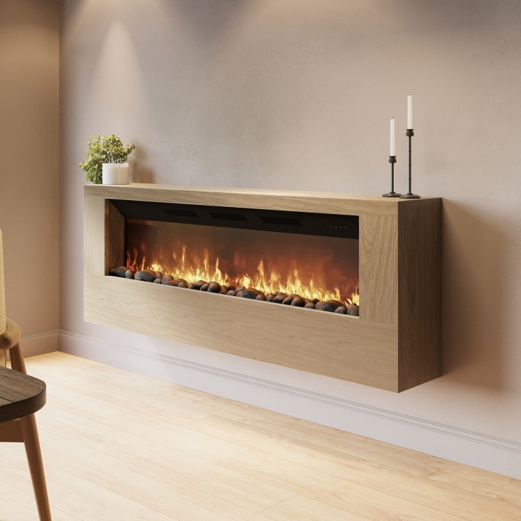 Wall-Mounted Electric Fire with Oak Surround and Remote Control - 60 Inch - AmberGlo