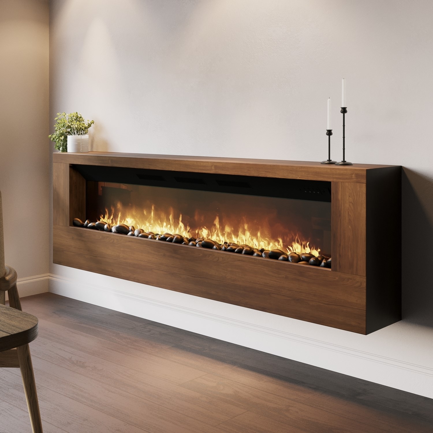 Amberglo Wall-Mounted Electric Fire With Walnut Surround 70 Inch AGL094