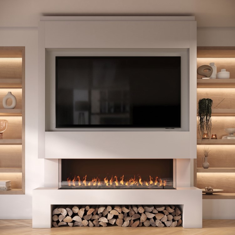 Self Build Media Wall with Black 3-Sided Inset Electric Fireplace with Log Store - 50 Inch - AmberGlo
