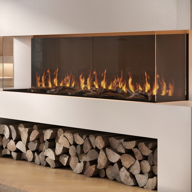 Self Build Media Wall with Black 3-Sided Inset Electric Fireplace with Log Store - 50 Inch - AmberGlo