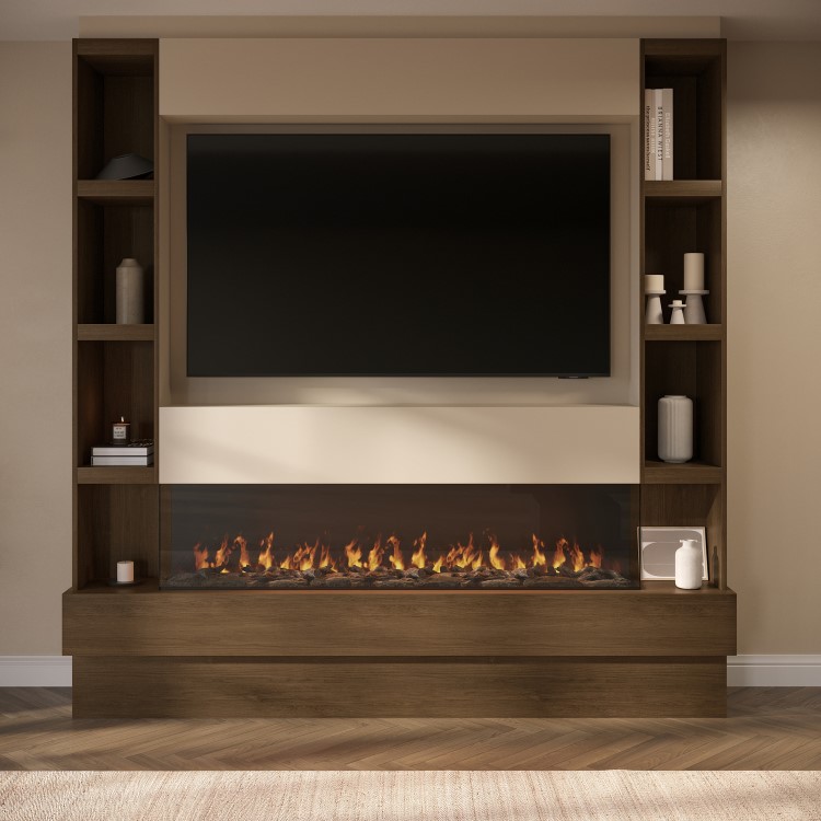 Self Build Walnut Media Wall with Black 3-Sided Inset Electric Fireplace with Shelving - 50 Inch - AmberGlo