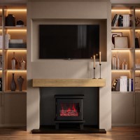 Self Build Media Wall with Electric Log Burner-Style Smart Stove with Oak Beam - AmberGlo