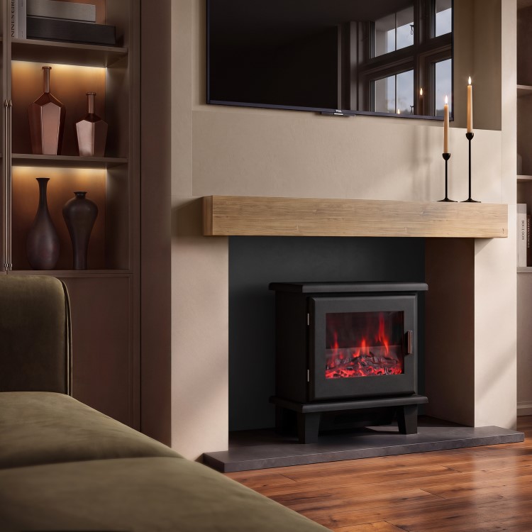 Self Build Media Wall with Electric Log Burner-Style Smart Stove with Oak Beam - AmberGlo