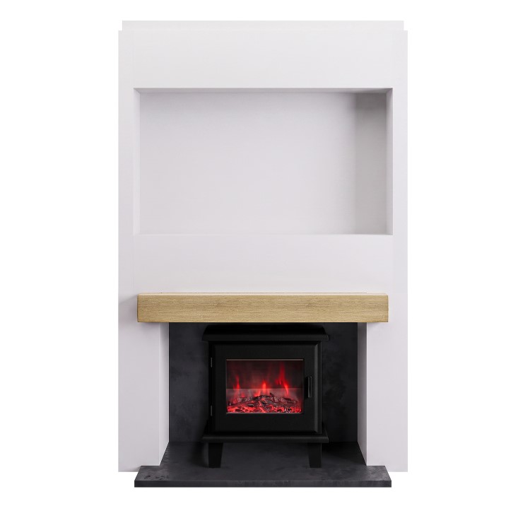 Self Build Media Wall with Electric Log Burner-Style Smart Stove with Oak Beam - AmberGlo