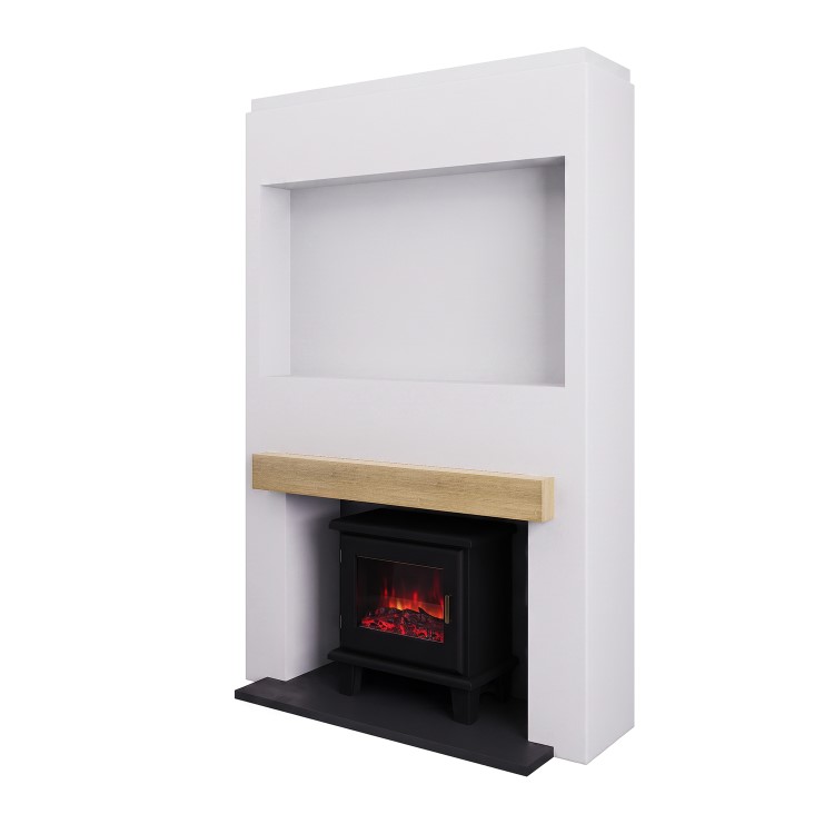 Self Build Media Wall with Electric Log Burner-Style Smart Stove with Oak Beam - AmberGlo