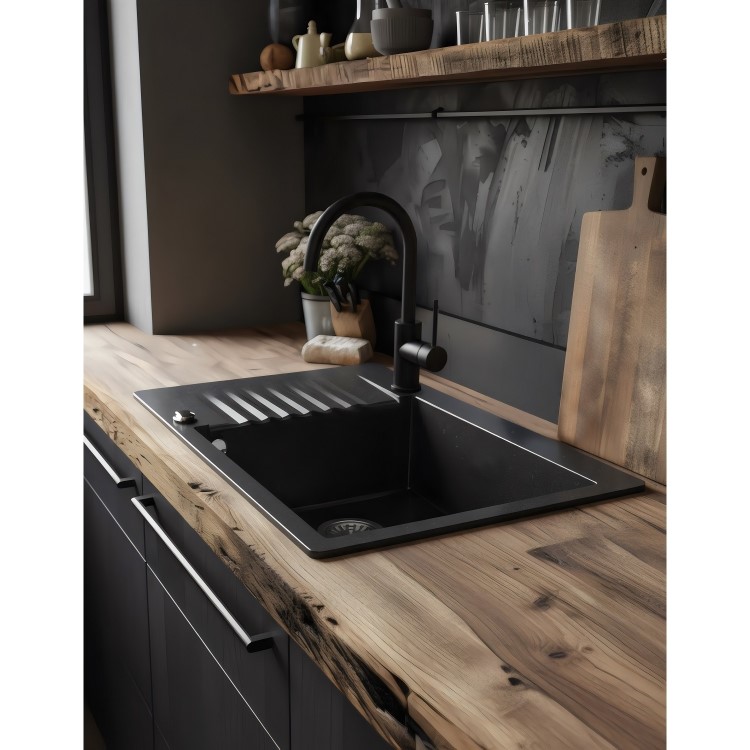 Single Bowl Black Inset Granite Composite Compact Kitchen Sink with Reversible Drainer - Enza Alice