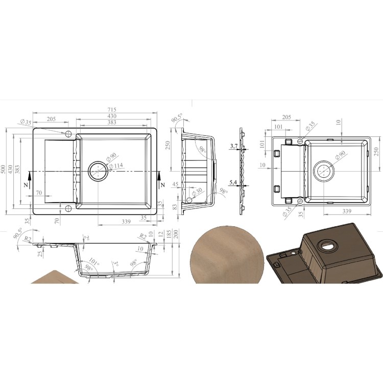 Compact 1 Bowl White Granite Composite Kitchen Sink & Waste - 715 x 500mm - Alice