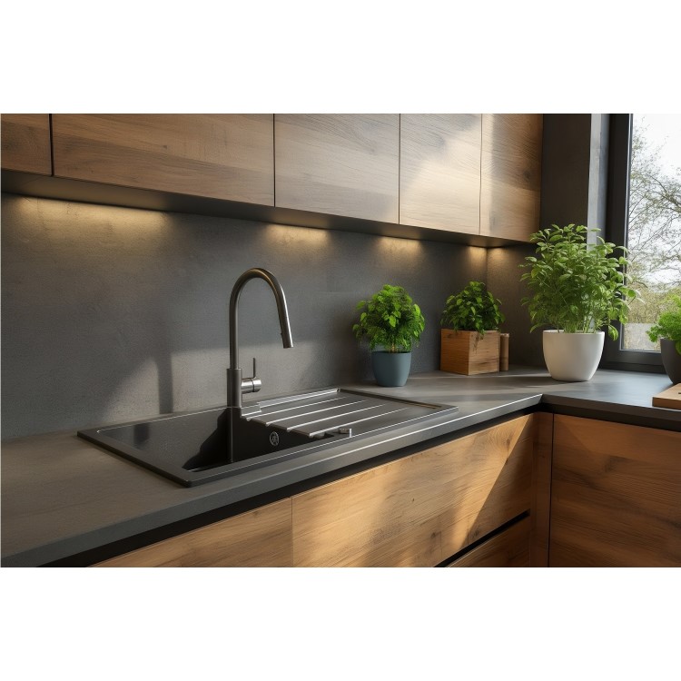 Large 1 Bowl Black Granite Composite Sink & Waste Kit with Reversible Drainer - 980 x 480mm - Alice