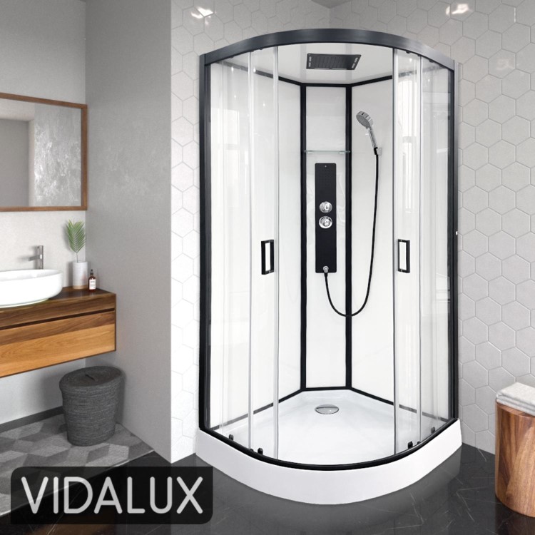 Black 900x900mm Hydro Shower Cabin Quadrant with Shower Tray & 2 Outlet Thermostatic Mixer Shower System - Vidalux
