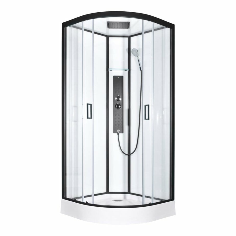 Black 900x900mm Hydro Shower Cabin Quadrant with Shower Tray & 2 Outlet Thermostatic Mixer Shower System - Vidalux