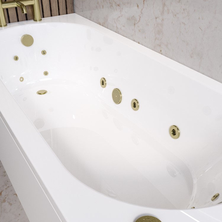 Single Ended Whirlpool Spa Bath with 14 Brushed Brass Whirlpool Jets 1700 x 750mm - Alton