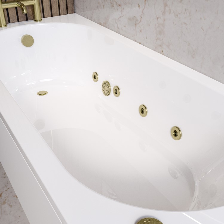 Single Ended Whirlpool Spa Bath with 8 Brushed Brass Whirlpool Jets 1700 x 750mm - Alton