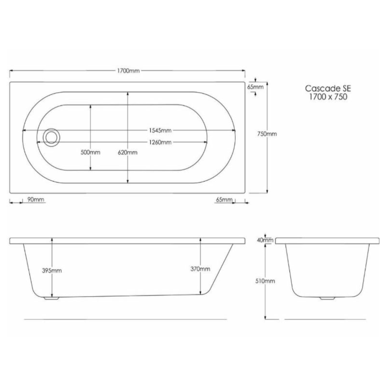 Single Ended Whirlpool Spa Bath with 8 Matt Black Whirlpool Jets 1700 x 750mm - Alton
