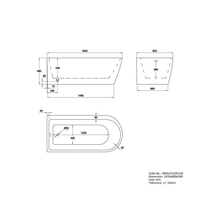 Matt Black Freestanding Single Ended Left Hand Corner Bath 1650 x 800mm - Amaro