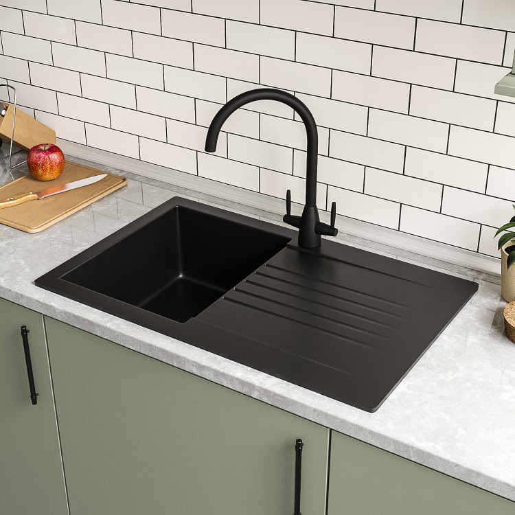 Single Bowl Inset Black Composite Small Kitchen Sink with Reversible Drainer - Essence Amelia