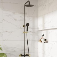 Black and Brass Thermostatic Bar Mixer Shower Set with Slide Rail Kit & Hand Shower - Arissa Black and Brass Thermostatic Bar Mixer Shower Set with Slide Rail Kit & Hand Shower - Arissa