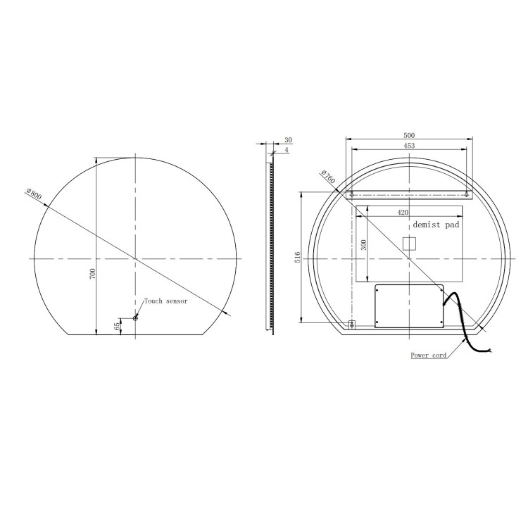 ONLY OPENED - Semi Circle LED Bathroom Mirror with Demister 800 x 700mm - Ara