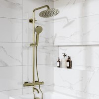 Brushed Brass Round Thermostatic Mixer Shower Set with Bath Filler Spout - Arissa