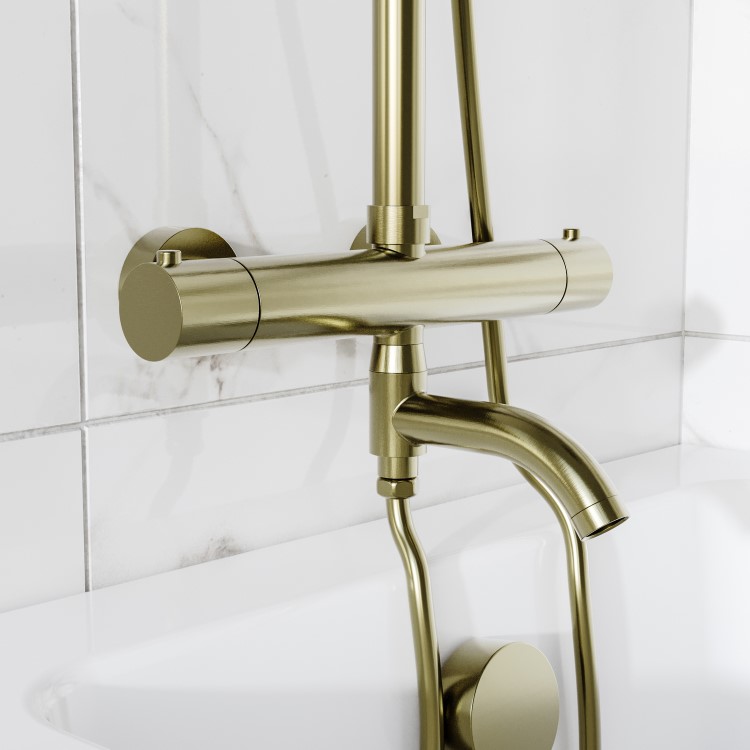 Brushed Brass Round Thermostatic Mixer Shower Set with Bath Filler Spout - Arissa