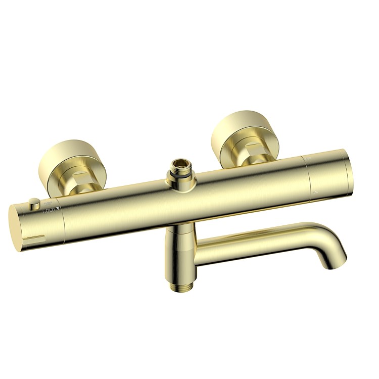Brushed Brass Round Thermostatic Mixer Shower Set with Bath Filler Spout - Arissa