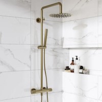 Brushed Brass 2 Outlet Thermostatic Mixer Shower Set With Fluted Handles - Arissa