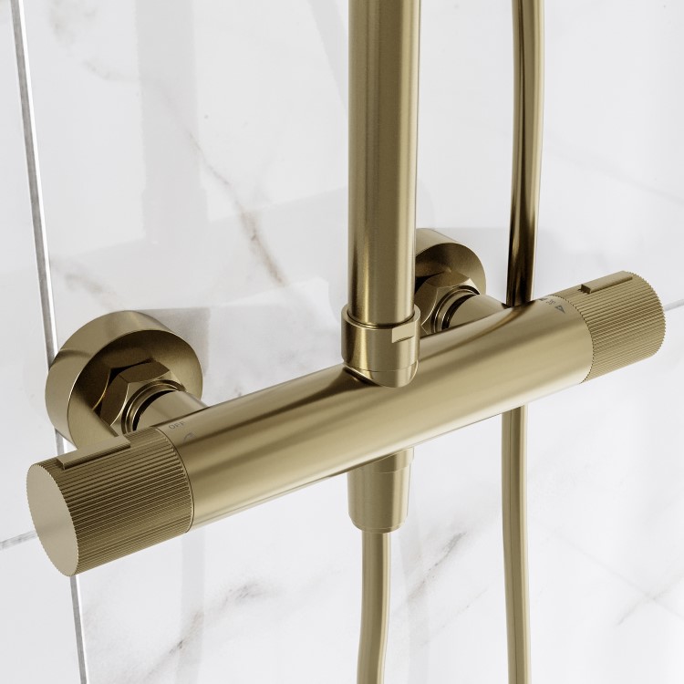 Brushed Brass 2 Outlet Thermostatic Mixer Shower Set With Fluted Handles - Arissa